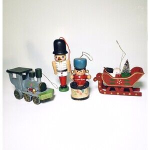 Vintage Christmas Lot 4 Painted Wood Ornaments Nutcracker Train Sled Drummer